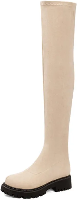 Vujkliy Autumn Over-The-Knee Boots Round Toe Suede Side Half Zipper Boots wrap Legs Slim Elastic Boots