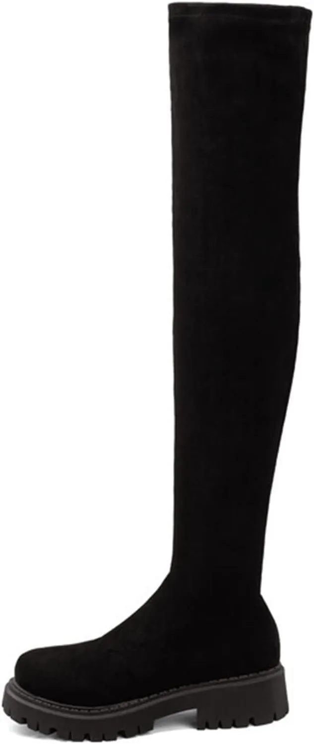 Vujkliy Autumn Over-The-Knee Boots Round Toe Suede Side Half Zipper Boots wrap Legs Slim Elastic Boots