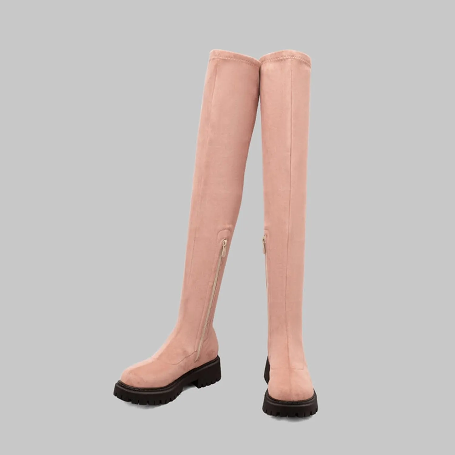 Vujkliy Autumn Over-The-Knee Boots Round Toe Suede Side Half Zipper Boots wrap Legs Slim Elastic Boots