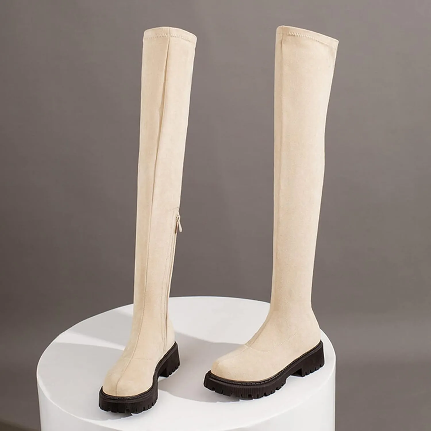 Vujkliy Autumn Over-The-Knee Boots Round Toe Suede Side Half Zipper Boots wrap Legs Slim Elastic Boots