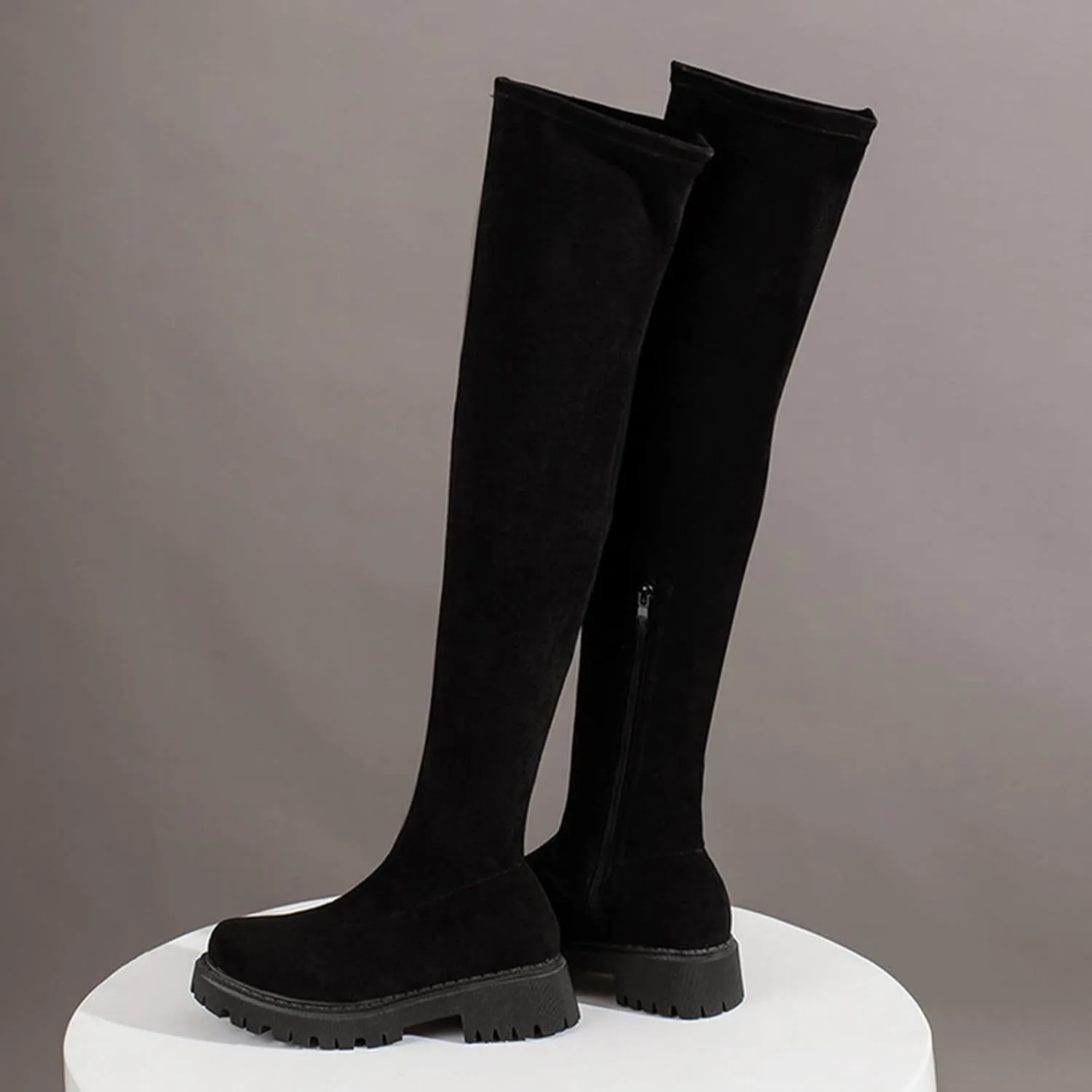 Vujkliy Autumn Over-The-Knee Boots Round Toe Suede Side Half Zipper Boots wrap Legs Slim Elastic Boots