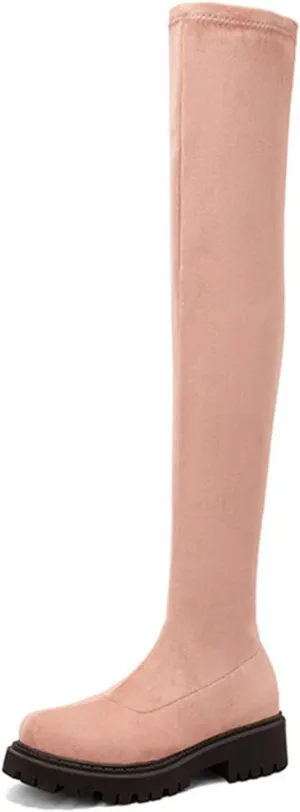 Vujkliy Autumn Over-The-Knee Boots Round Toe Suede Side Half Zipper Boots wrap Legs Slim Elastic Boots