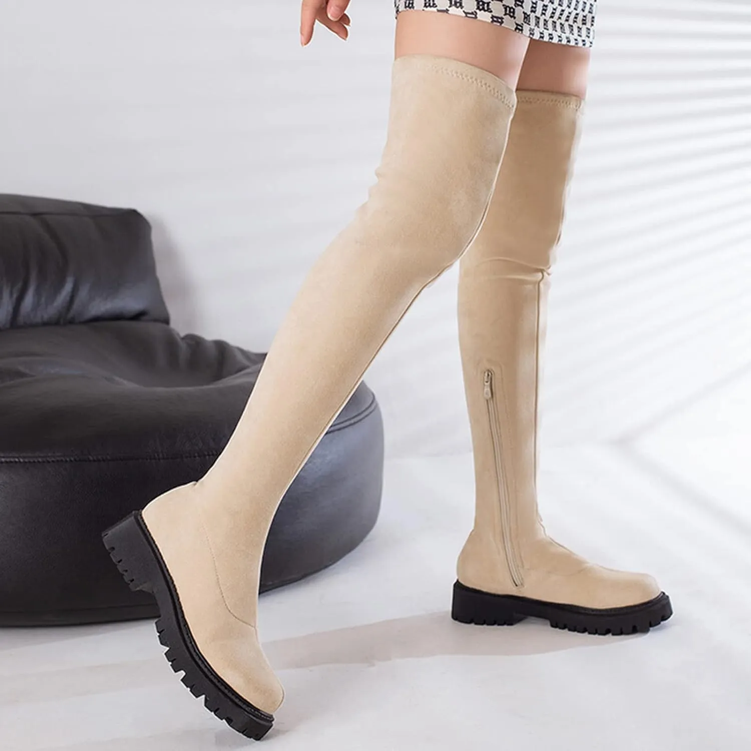 Vujkliy Autumn Over-The-Knee Boots Round Toe Suede Side Half Zipper Boots wrap Legs Slim Elastic Boots