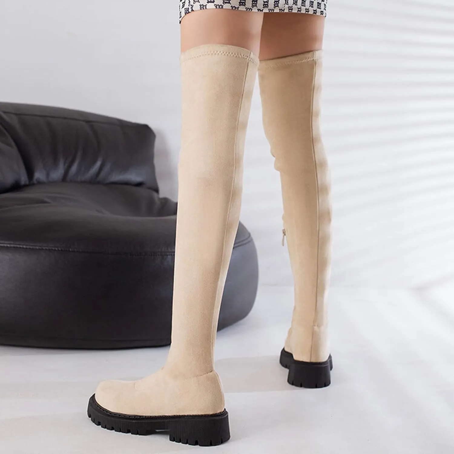 Vujkliy Autumn Over-The-Knee Boots Round Toe Suede Side Half Zipper Boots wrap Legs Slim Elastic Boots