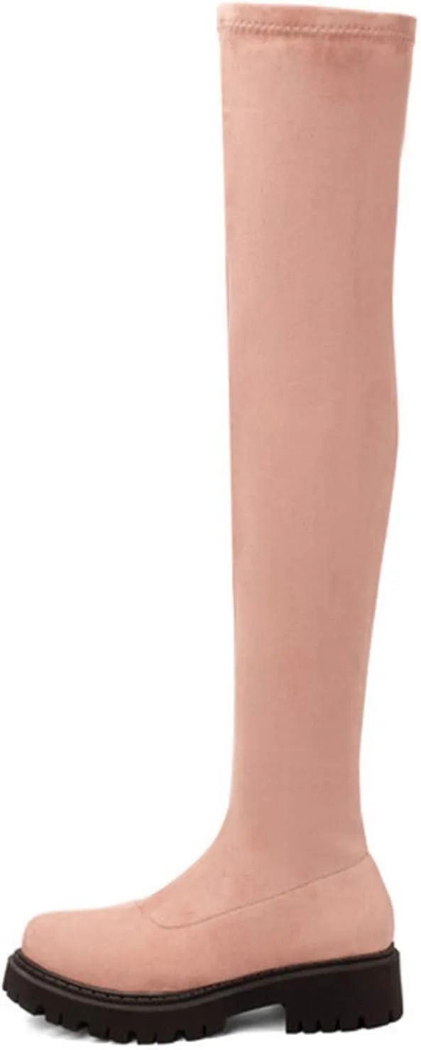 Vujkliy Autumn Over-The-Knee Boots Round Toe Suede Side Half Zipper Boots wrap Legs Slim Elastic Boots