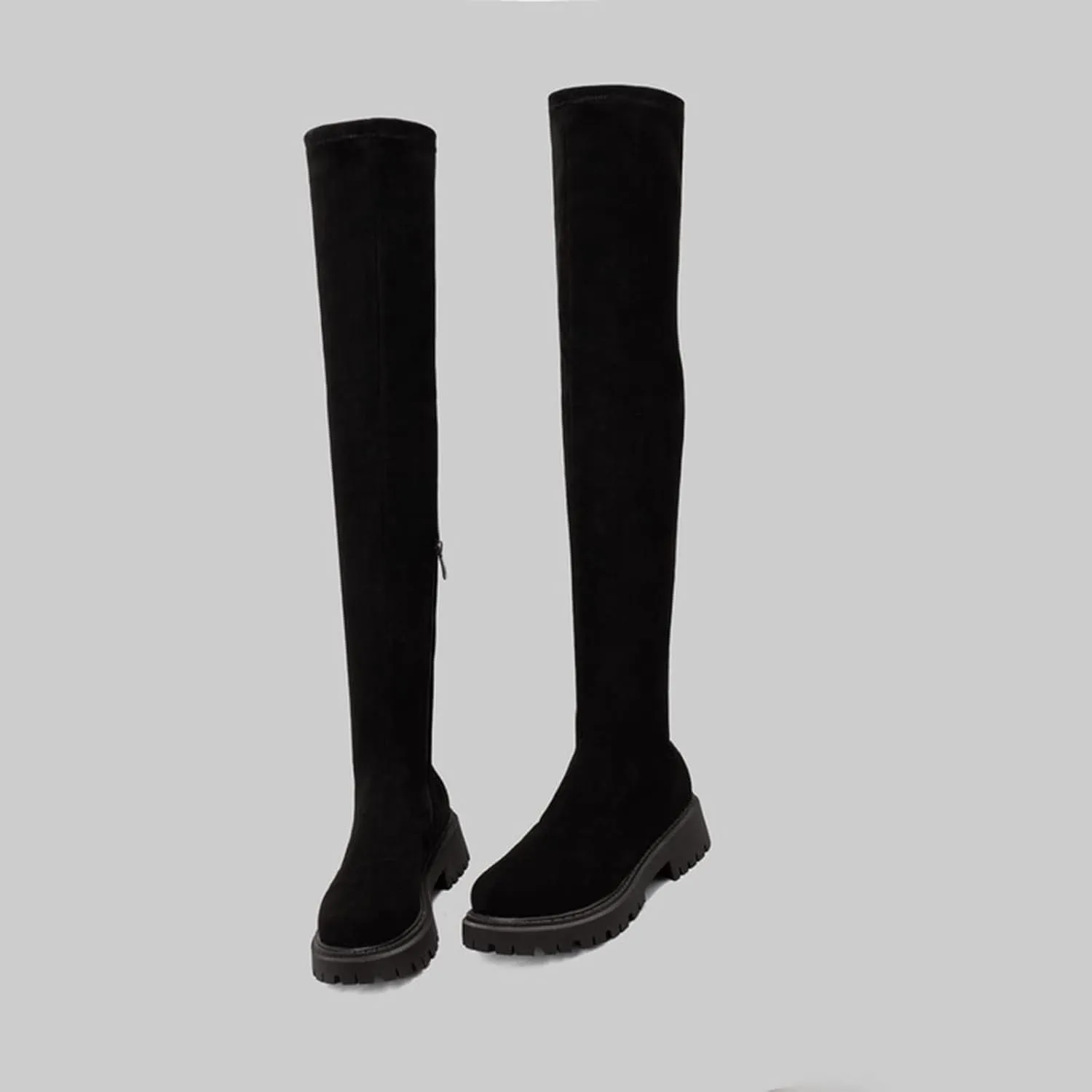 Vujkliy Autumn Over-The-Knee Boots Round Toe Suede Side Half Zipper Boots wrap Legs Slim Elastic Boots
