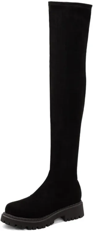 Vujkliy Autumn Over-The-Knee Boots Round Toe Suede Side Half Zipper Boots wrap Legs Slim Elastic Boots