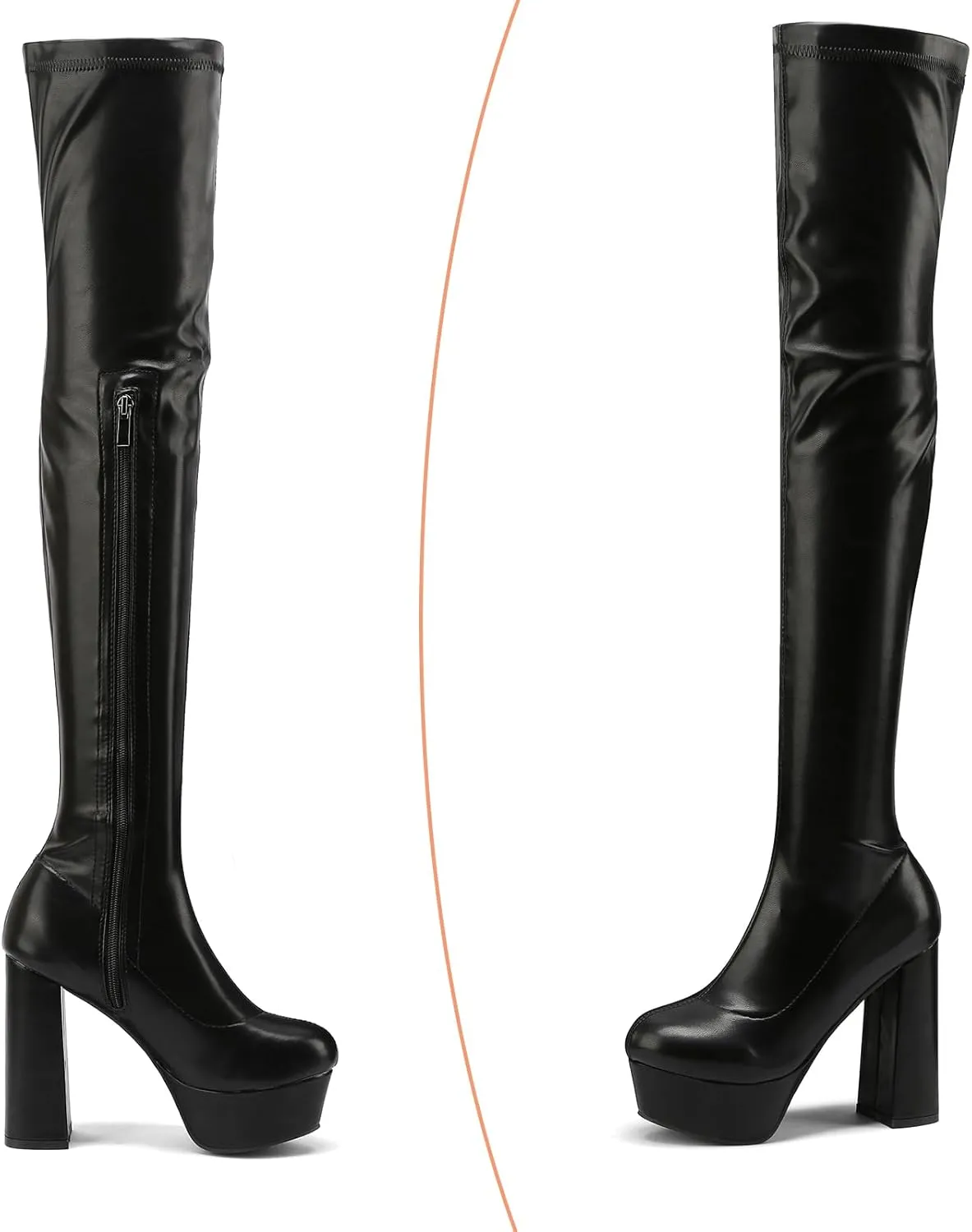 Wavyvigs Thigh High Boots With 4 Inch Heel Platform Leather Chunky Heel Over The Knee Boots for Women