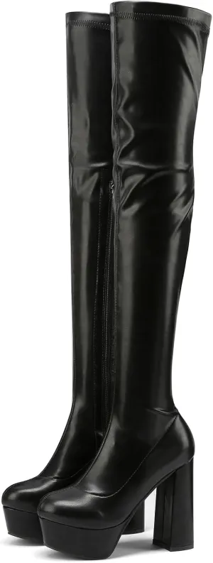Wavyvigs Thigh High Boots With 4 Inch Heel Platform Leather Chunky Heel Over The Knee Boots for Women