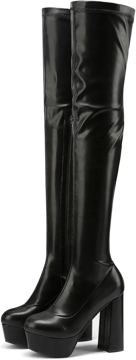Wavyvigs Thigh High Boots With 4 Inch Heel Platform Leather Chunky Heel Over The Knee Boots for Women