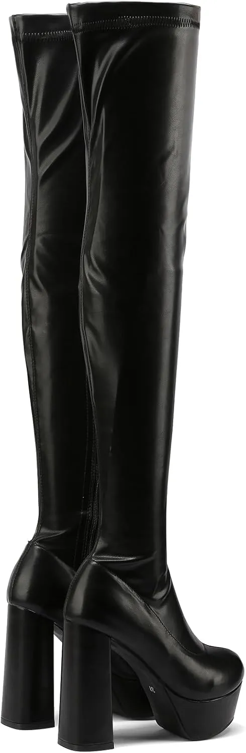 Wavyvigs Thigh High Boots With 4 Inch Heel Platform Leather Chunky Heel Over The Knee Boots for Women