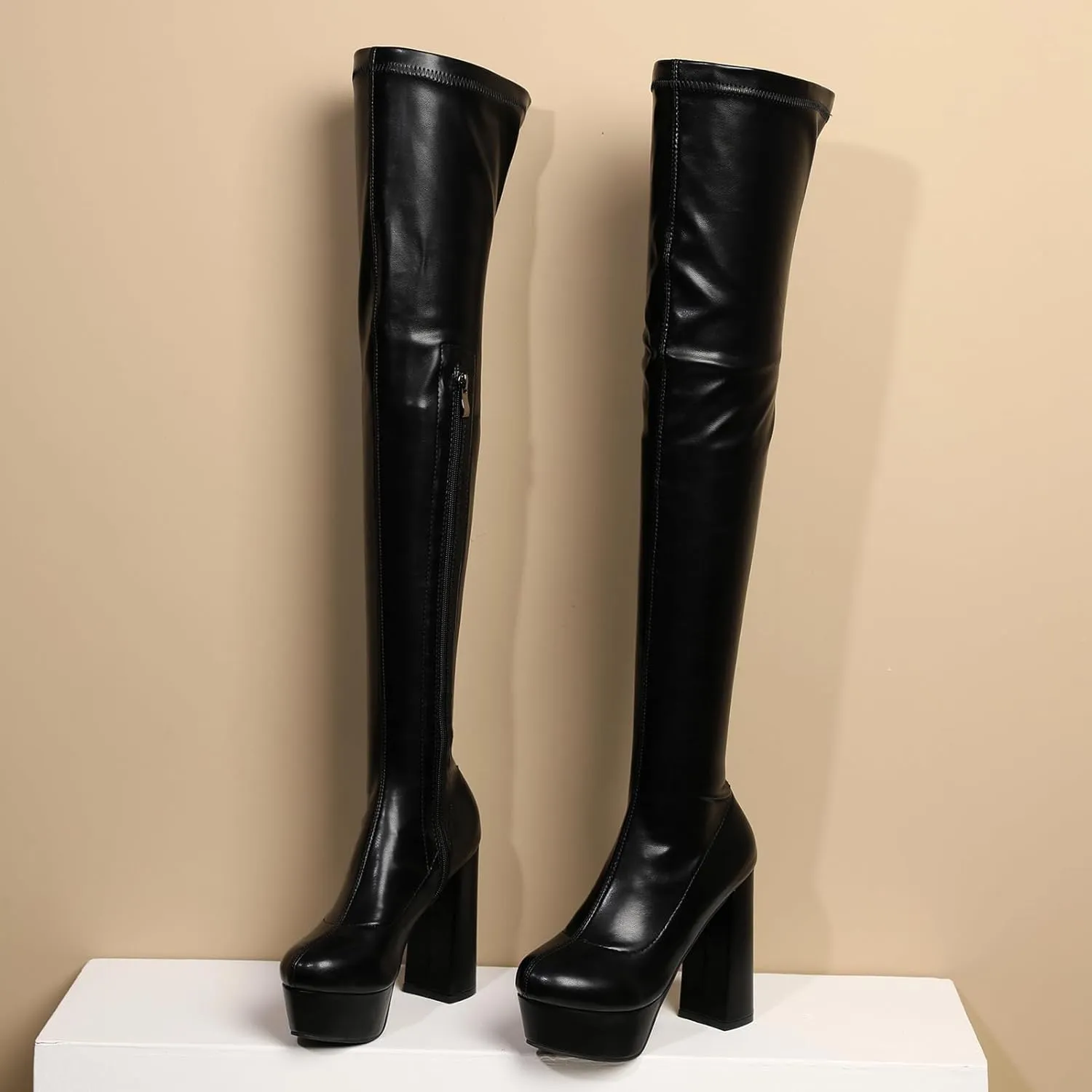 Wavyvigs Thigh High Boots With 4 Inch Heel Platform Leather Chunky Heel Over The Knee Boots for Women