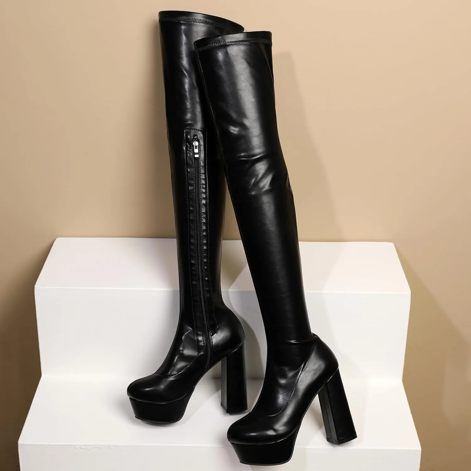 Wavyvigs Thigh High Boots With 4 Inch Heel Platform Leather Chunky Heel Over The Knee Boots for Women