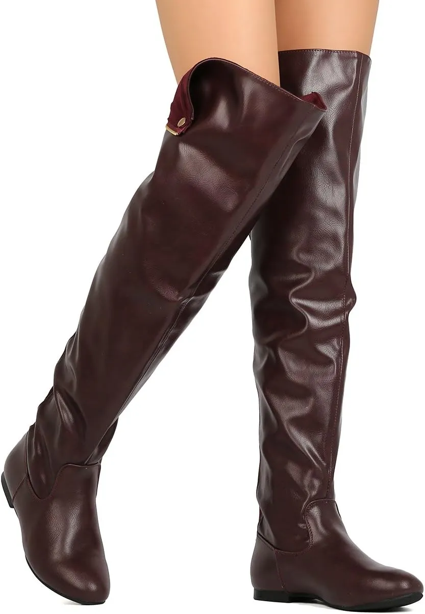 Women Over The Knee Flat Boots Snap Cuff Back Zipper Fashion Long Boots