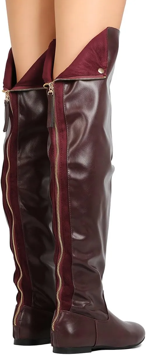 Women Over The Knee Flat Boots Snap Cuff Back Zipper Fashion Long Boots