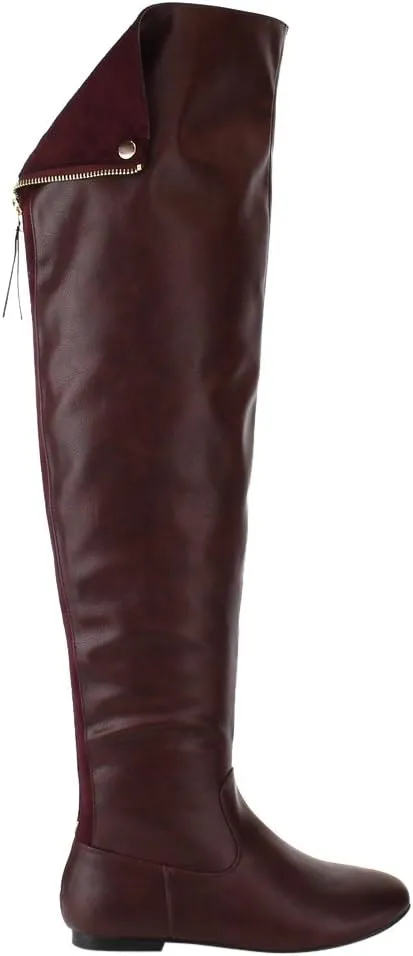 Women Over The Knee Flat Boots Snap Cuff Back Zipper Fashion Long Boots