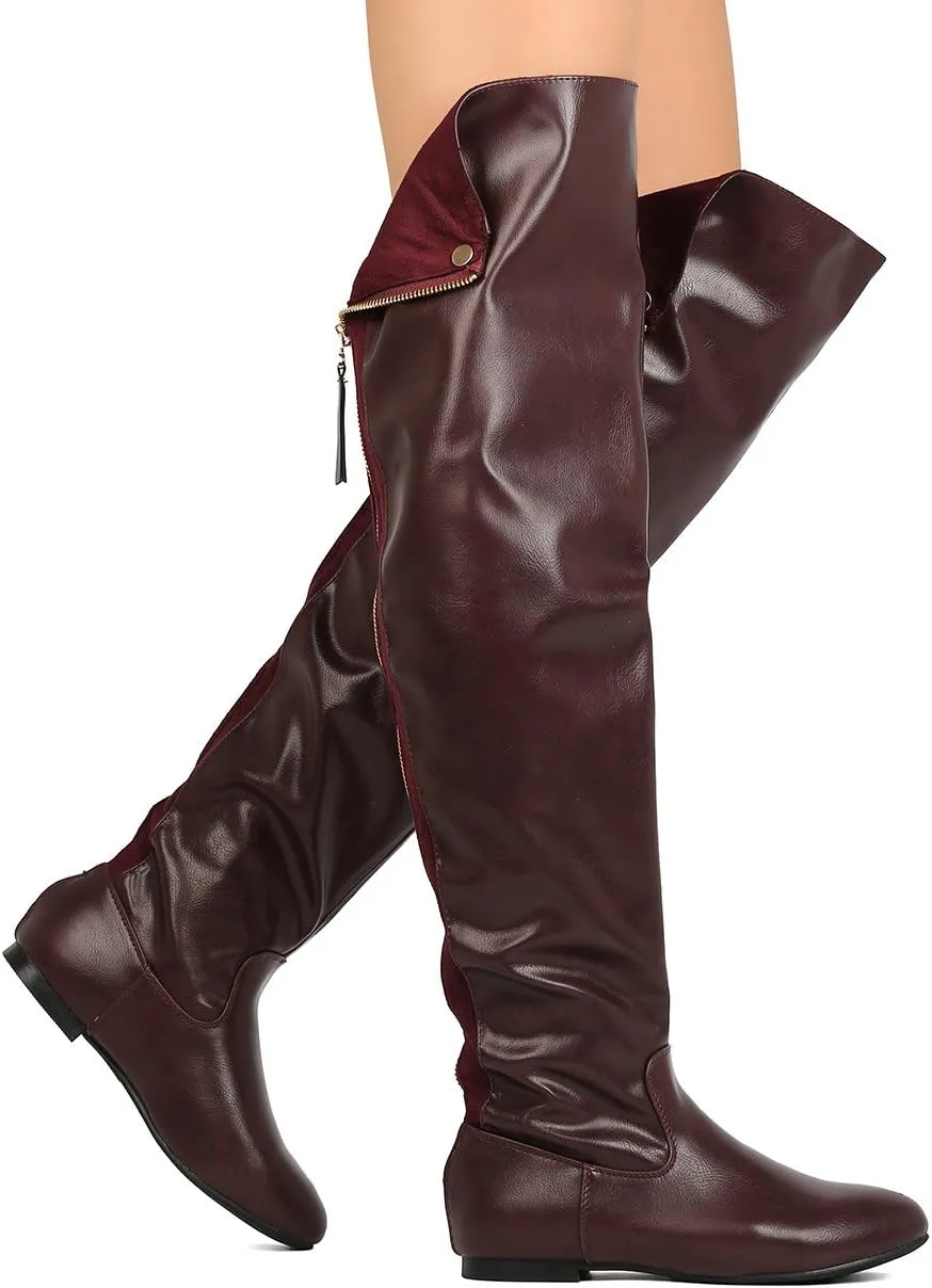 Women Over The Knee Flat Boots Snap Cuff Back Zipper Fashion Long Boots
