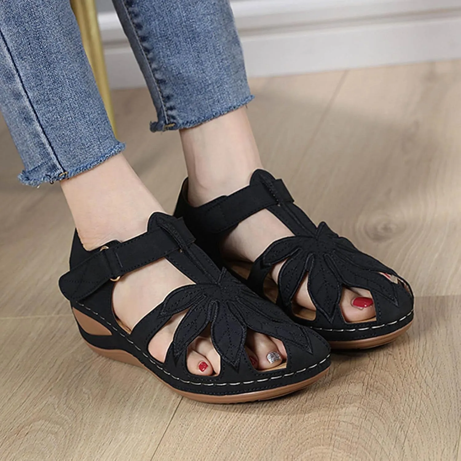 Women Sandals Fashion Summer Simple Hollow Heel Light Comfortable Round Toe Wedges Hook Loop Shoes Battle Versatile Retro Wide Feet Non Slip Roman Dress Classic fluffy bootie sneakers H45-Blue