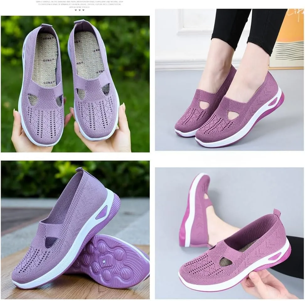Women's Comfortable Breathable Knitted Sneakers,Orthopedic Hands Free Arch Support Cut-Out Shoes,Slip-On Woven Walking Shoes