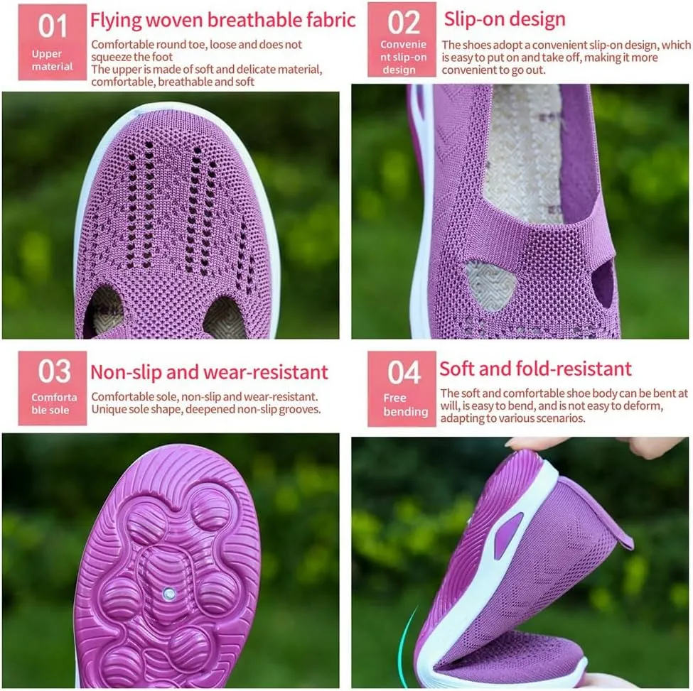 Women's Comfortable Breathable Knitted Sneakers,Orthopedic Hands Free Arch Support Cut-Out Shoes,Slip-On Woven Walking Shoes