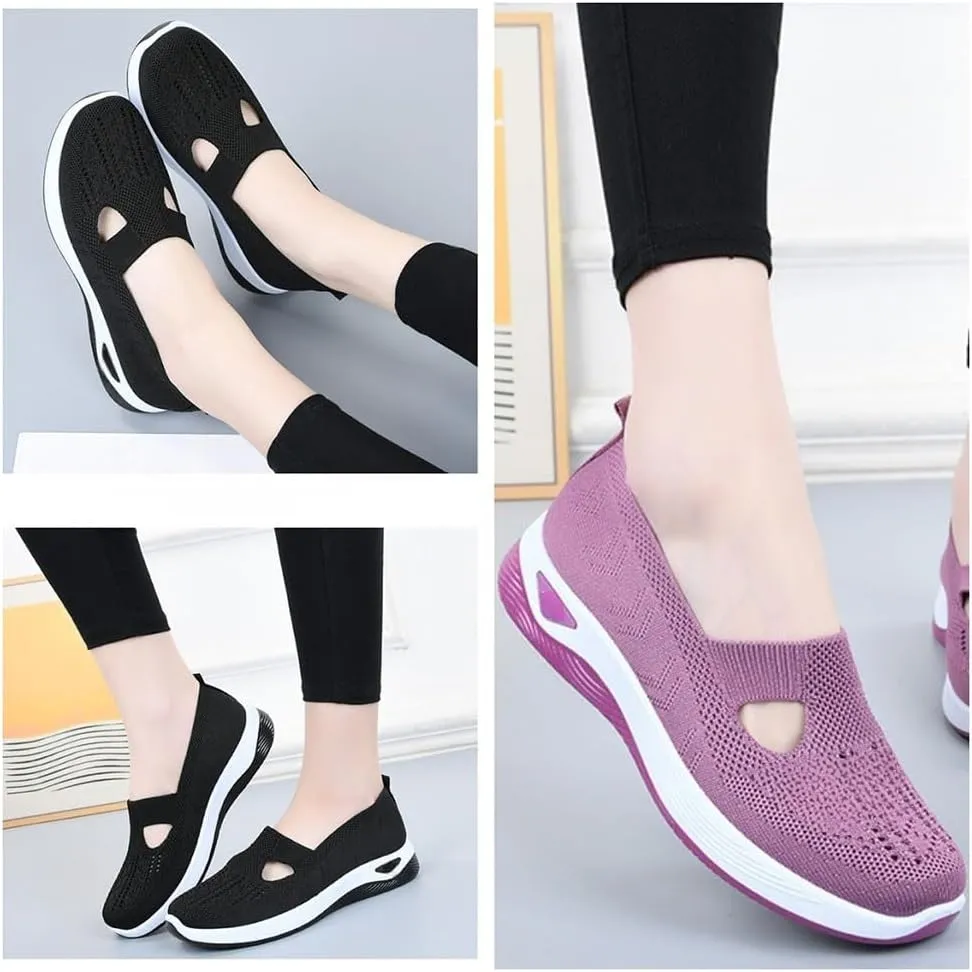 Women's Comfortable Breathable Knitted Sneakers,Orthopedic Hands Free Arch Support Cut-Out Shoes,Slip-On Woven Walking Shoes
