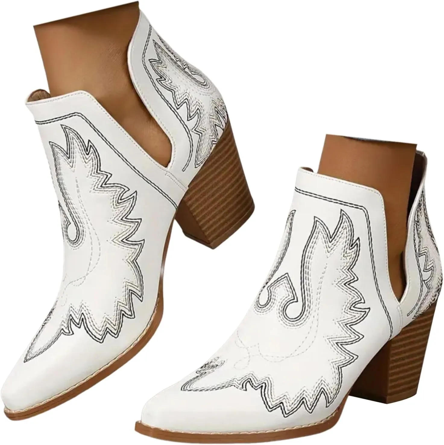 Womens Cowboy Boots Ankle Boots for Women Low Heel Western Boots For Women Pointed Toe Chunky Heel Boots Pull On Boot