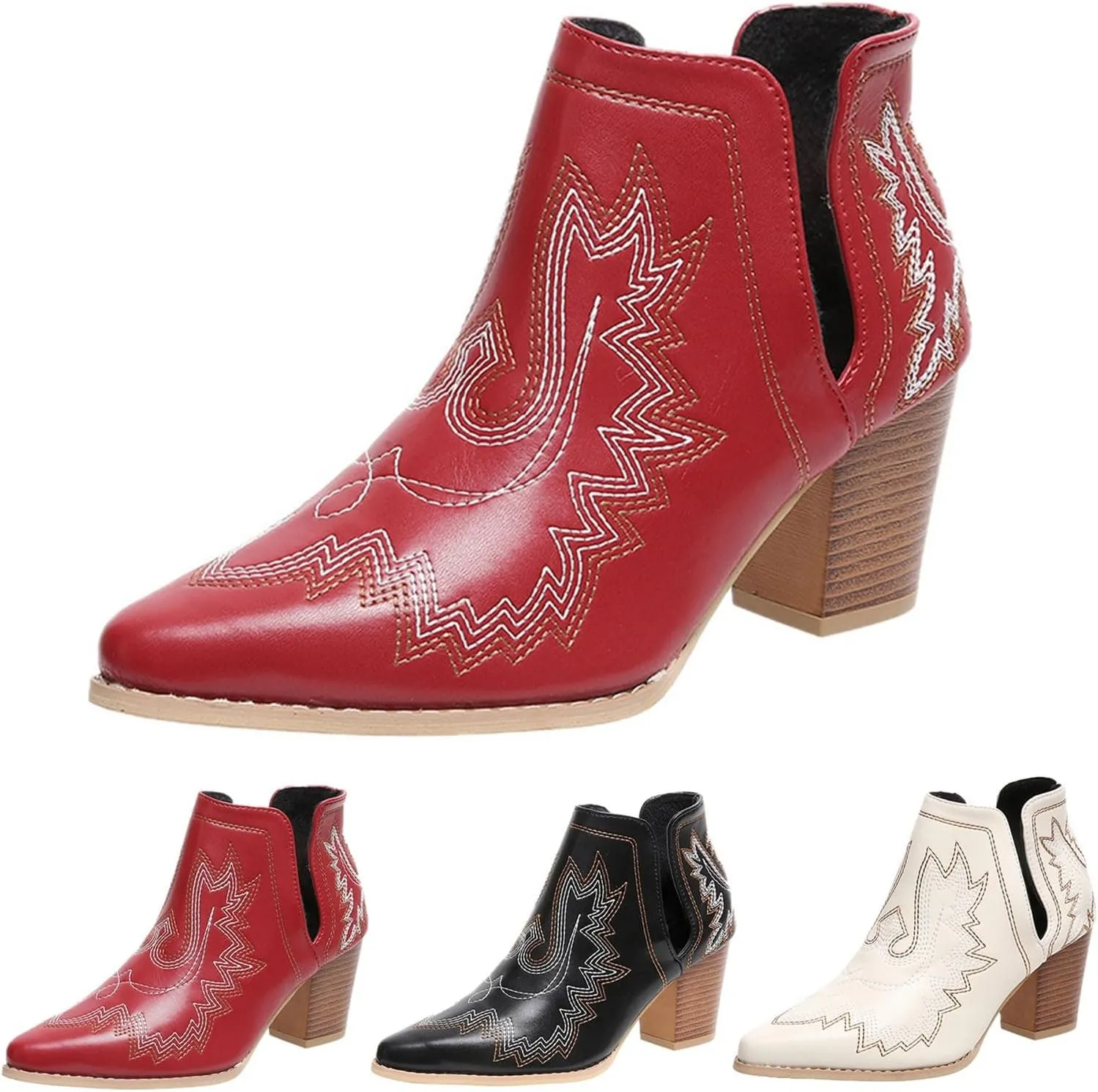 Womens Cowboy Boots Ankle Boots for Women Low Heel Western Boots For Women Pointed Toe Chunky Heel Boots Pull On Boot