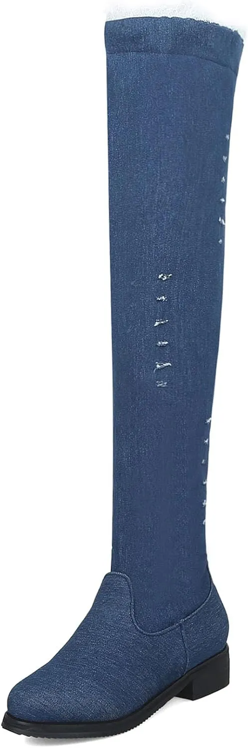 Women's Denim Over The Knee Boots Chunky Low Heels Thigh High Boots Round Toe Zipper Flat Jeans Long Boots