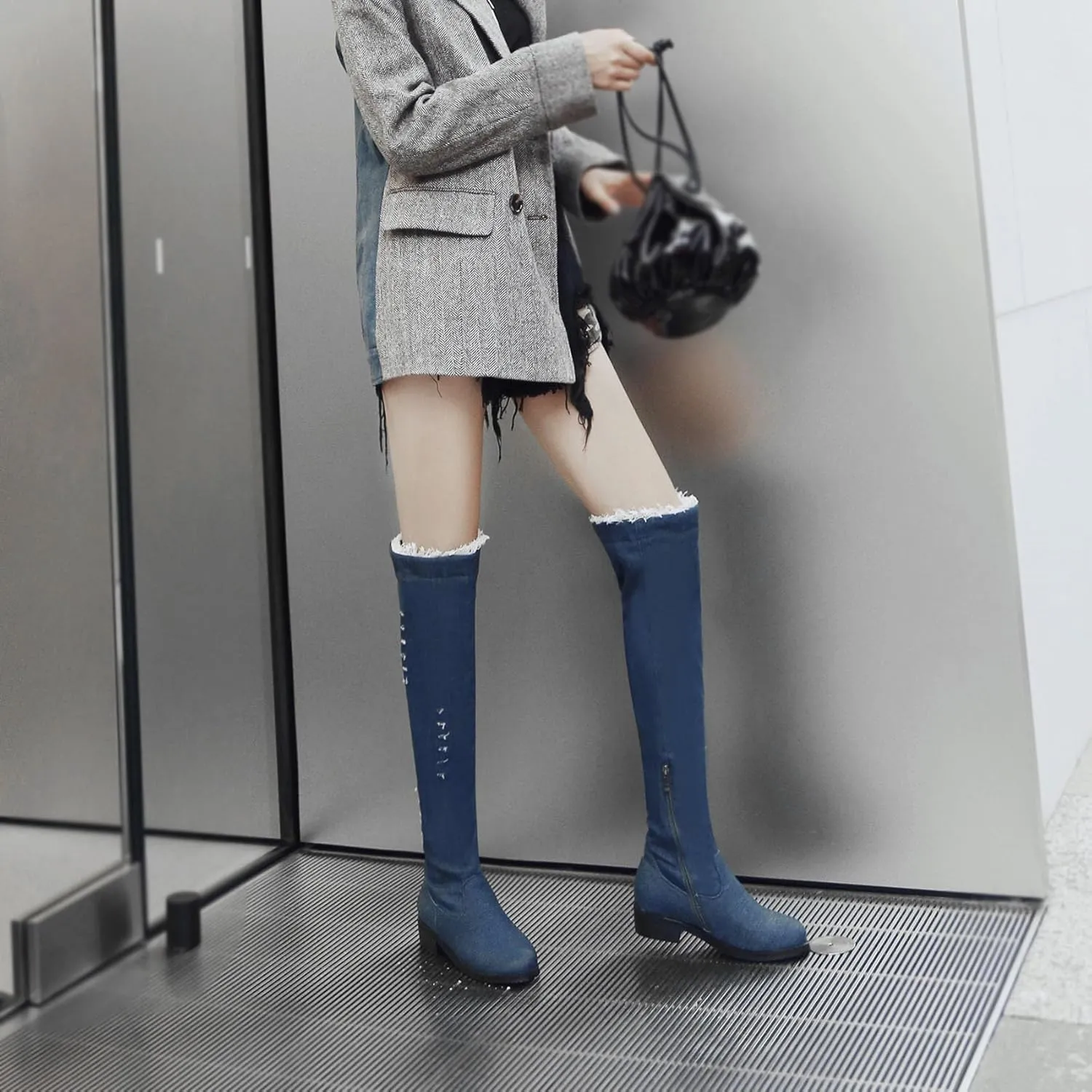 Women's Denim Over The Knee Boots Chunky Low Heels Thigh High Boots Round Toe Zipper Flat Jeans Long Boots