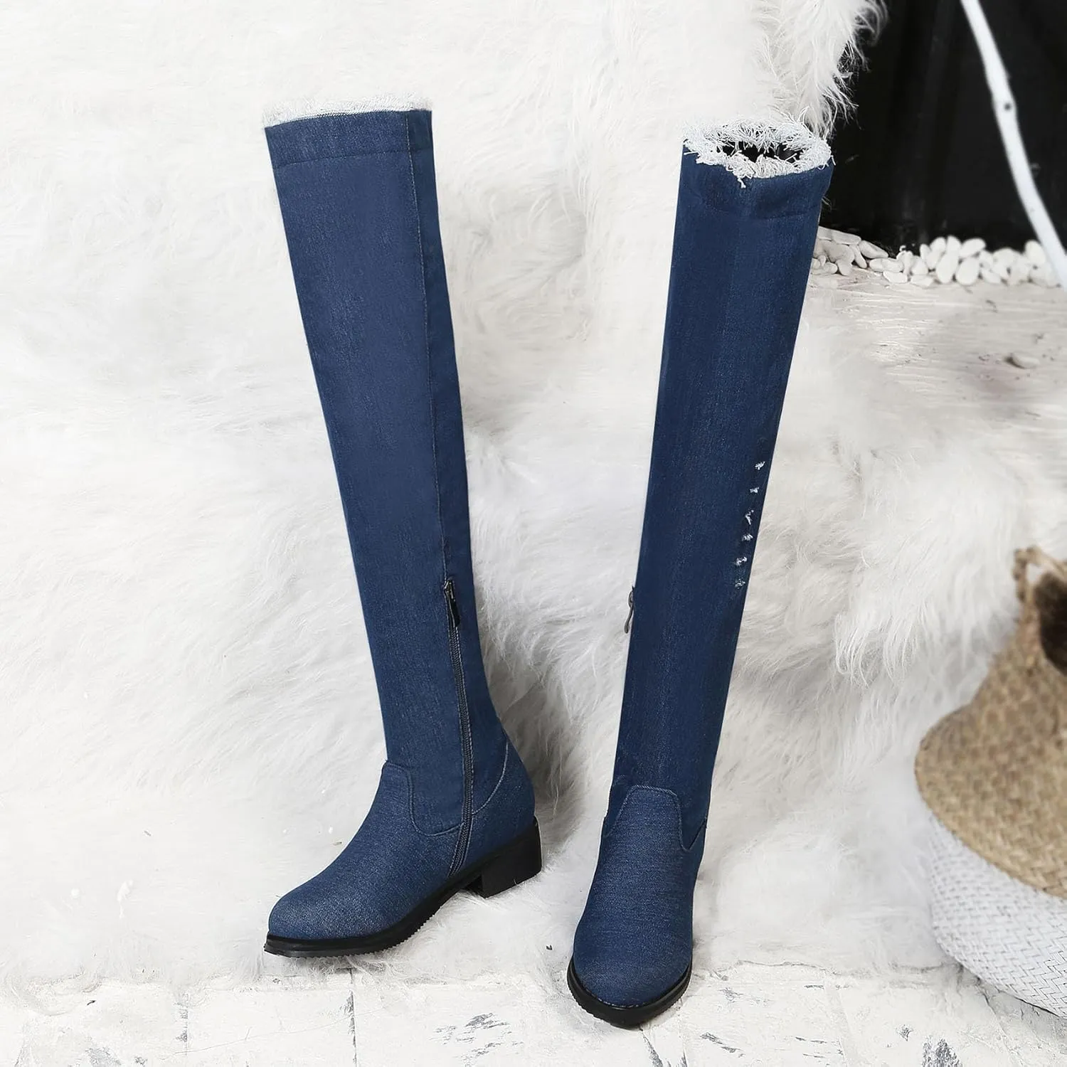 Women's Denim Over The Knee Boots Chunky Low Heels Thigh High Boots Round Toe Zipper Flat Jeans Long Boots