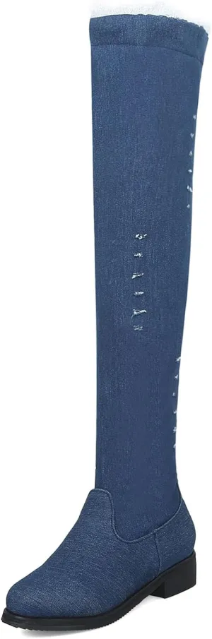 Women's Denim Over The Knee Boots Chunky Low Heels Thigh High Boots Round Toe Zipper Flat Jeans Long Boots