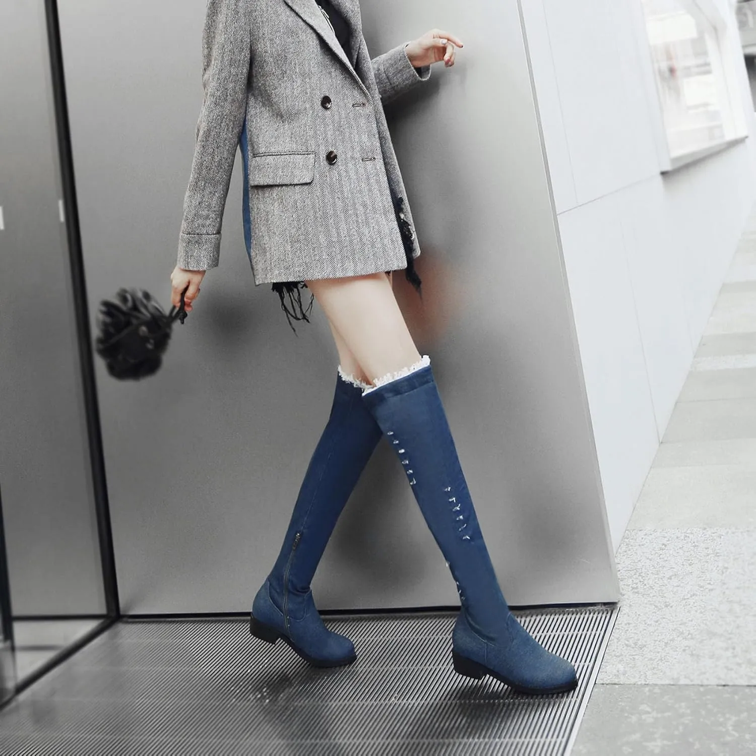 Women's Denim Over The Knee Boots Chunky Low Heels Thigh High Boots Round Toe Zipper Flat Jeans Long Boots