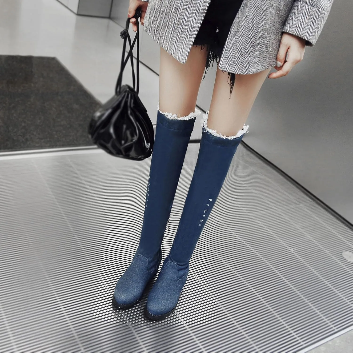 Women's Denim Over The Knee Boots Chunky Low Heels Thigh High Boots Round Toe Zipper Flat Jeans Long Boots