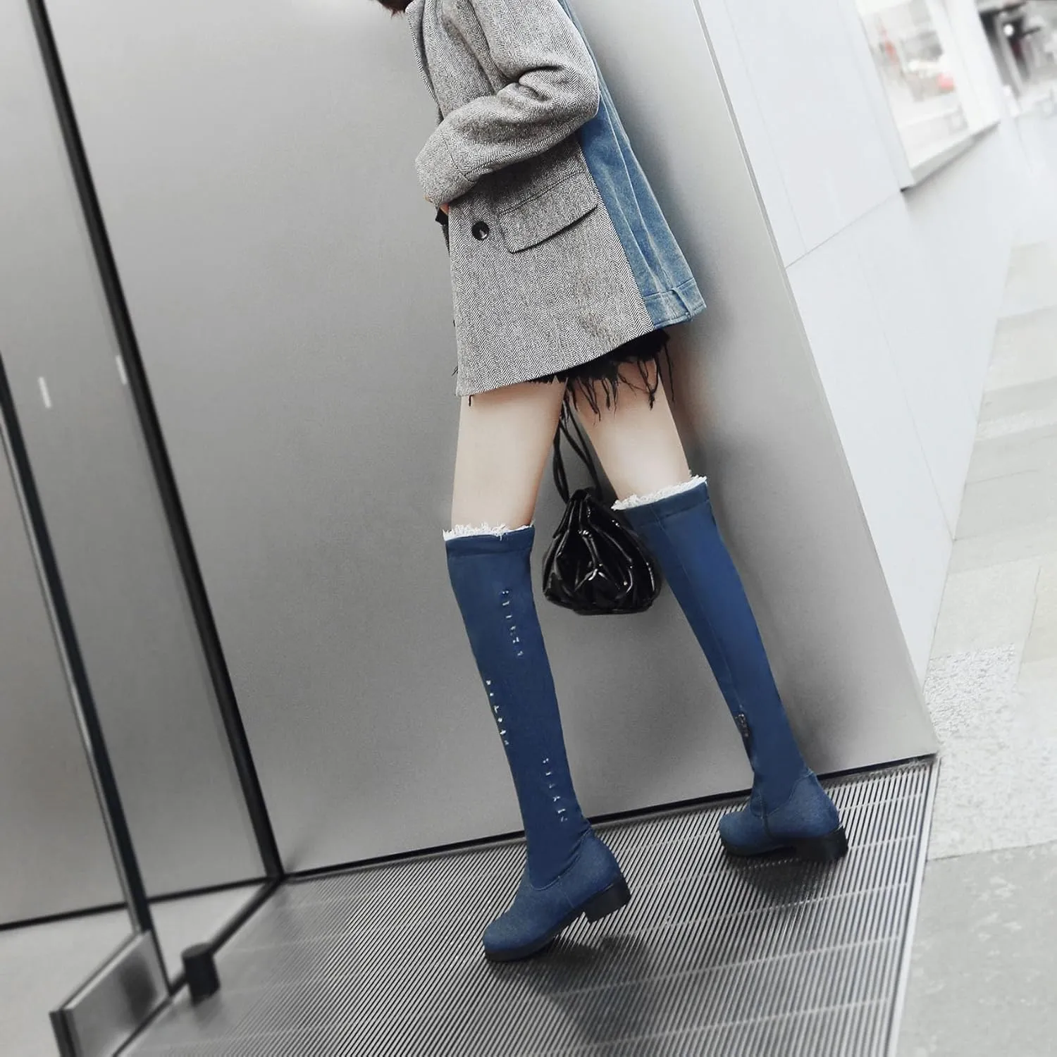 Women's Denim Over The Knee Boots Chunky Low Heels Thigh High Boots Round Toe Zipper Flat Jeans Long Boots