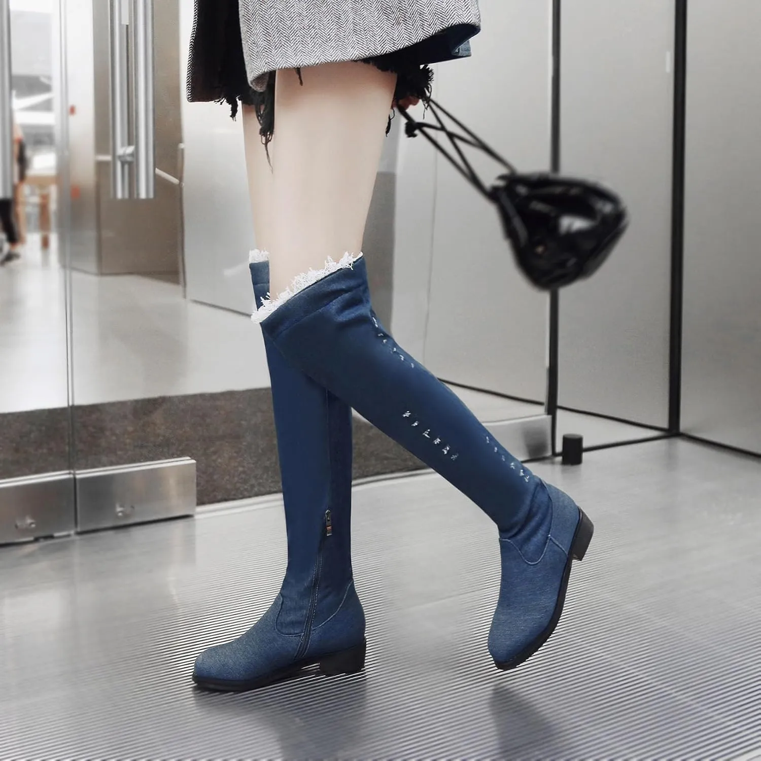 Women's Denim Over The Knee Boots Chunky Low Heels Thigh High Boots Round Toe Zipper Flat Jeans Long Boots