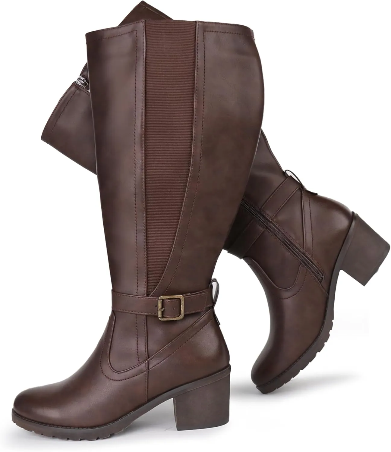 Womens Extra Wide Calf Stretch Panel Side Zipper Knee High Boots with Block Heel