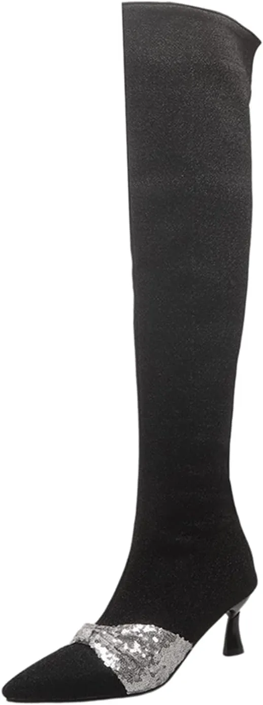 Womens Fashion 7CM High Heels Side Zipper Pointed Toe Over The Knee Boots Glitter Bownot Decoration Knee High Booties