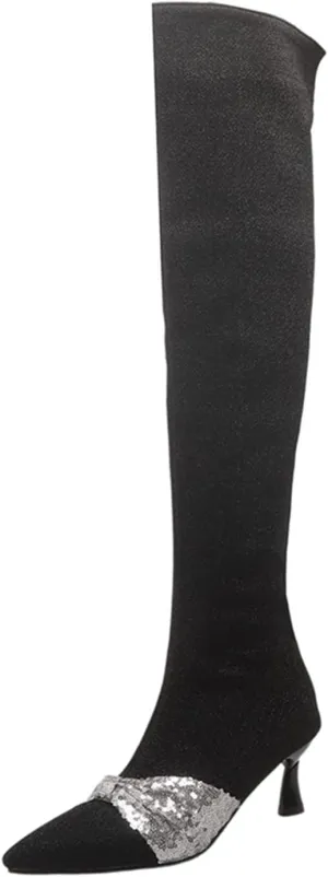Womens Fashion 7CM High Heels Side Zipper Pointed Toe Over The Knee Boots Glitter Bownot Decoration Knee High Booties