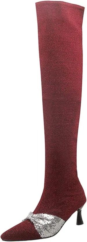 Womens Fashion 7CM High Heels Side Zipper Pointed Toe Over The Knee Boots Glitter Bownot Decoration Knee High Booties