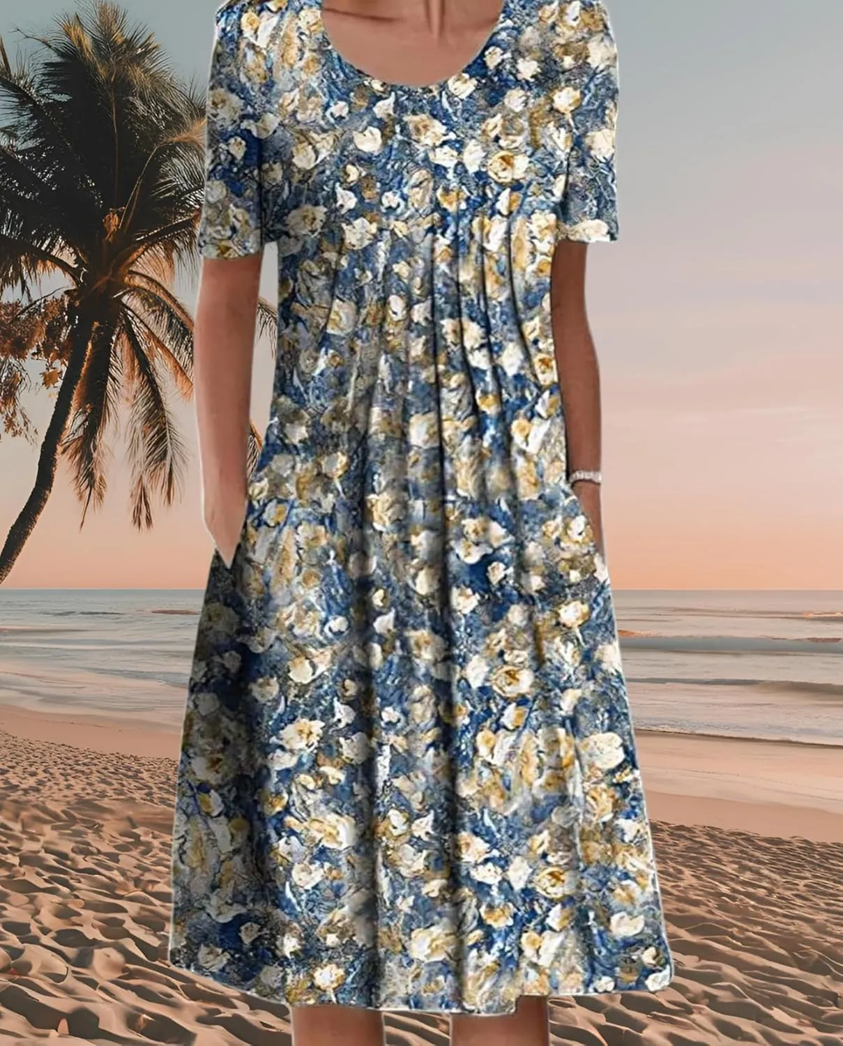Women's Floral Print Short Sleeve Round Neck Midi Sundress with Pockets Casual A-Line Spring Summer Dress