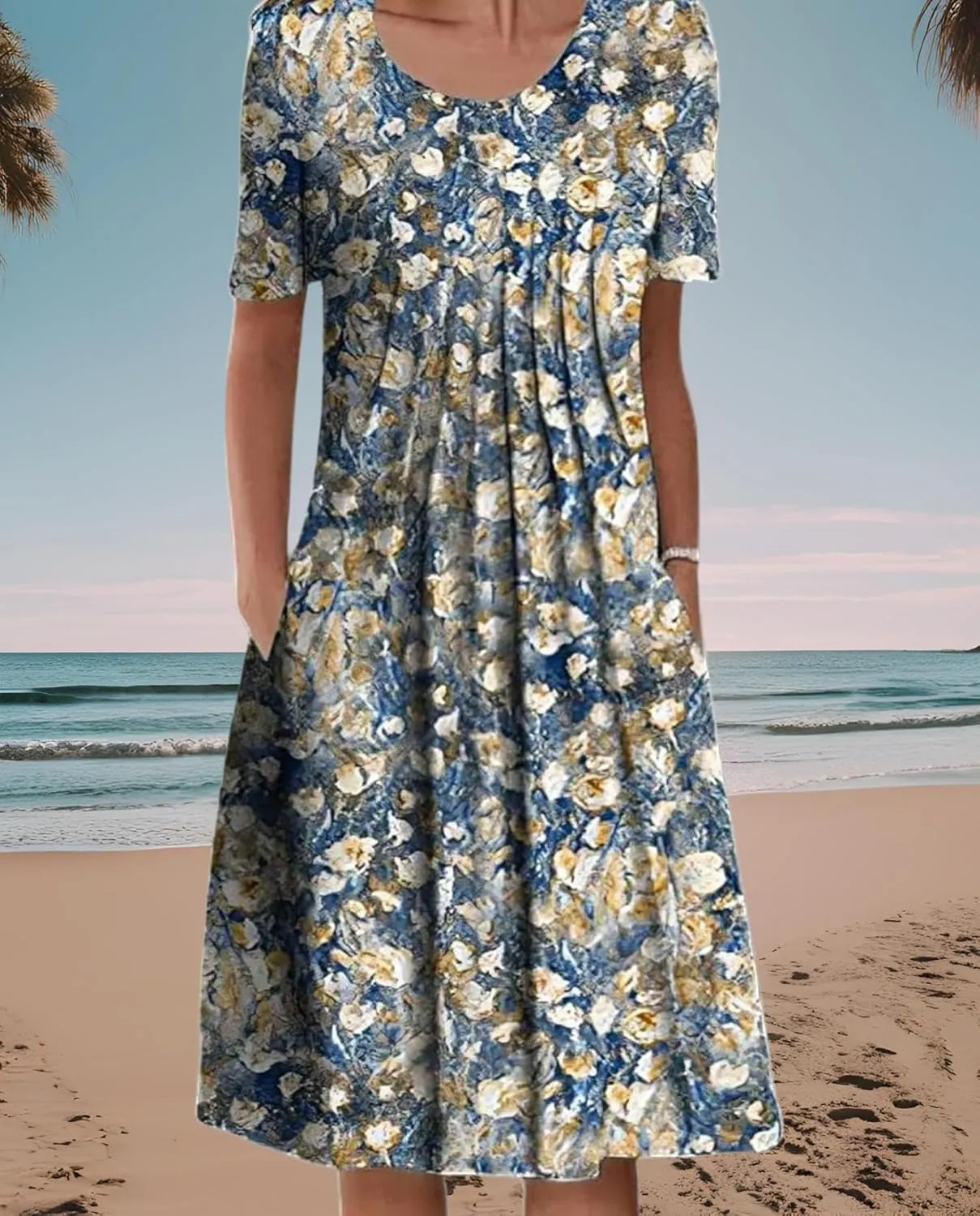 Women's Floral Print Short Sleeve Round Neck Midi Sundress with Pockets Casual A-Line Spring Summer Dress
