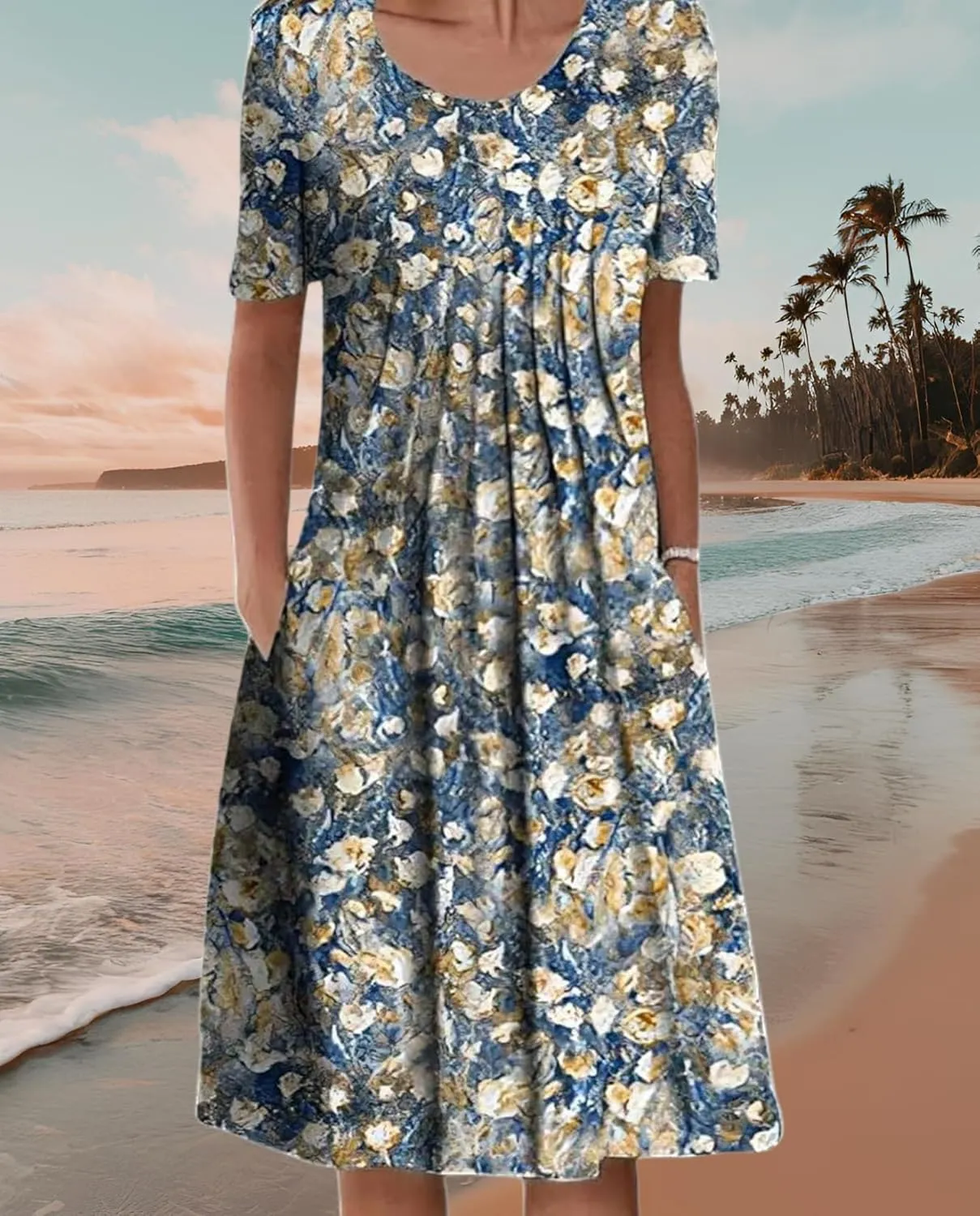 Women's Floral Print Short Sleeve Round Neck Midi Sundress with Pockets Casual A-Line Spring Summer Dress