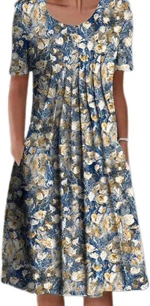 Women's Floral Print Short Sleeve Round Neck Midi Sundress with Pockets Casual A-Line Spring Summer Dress