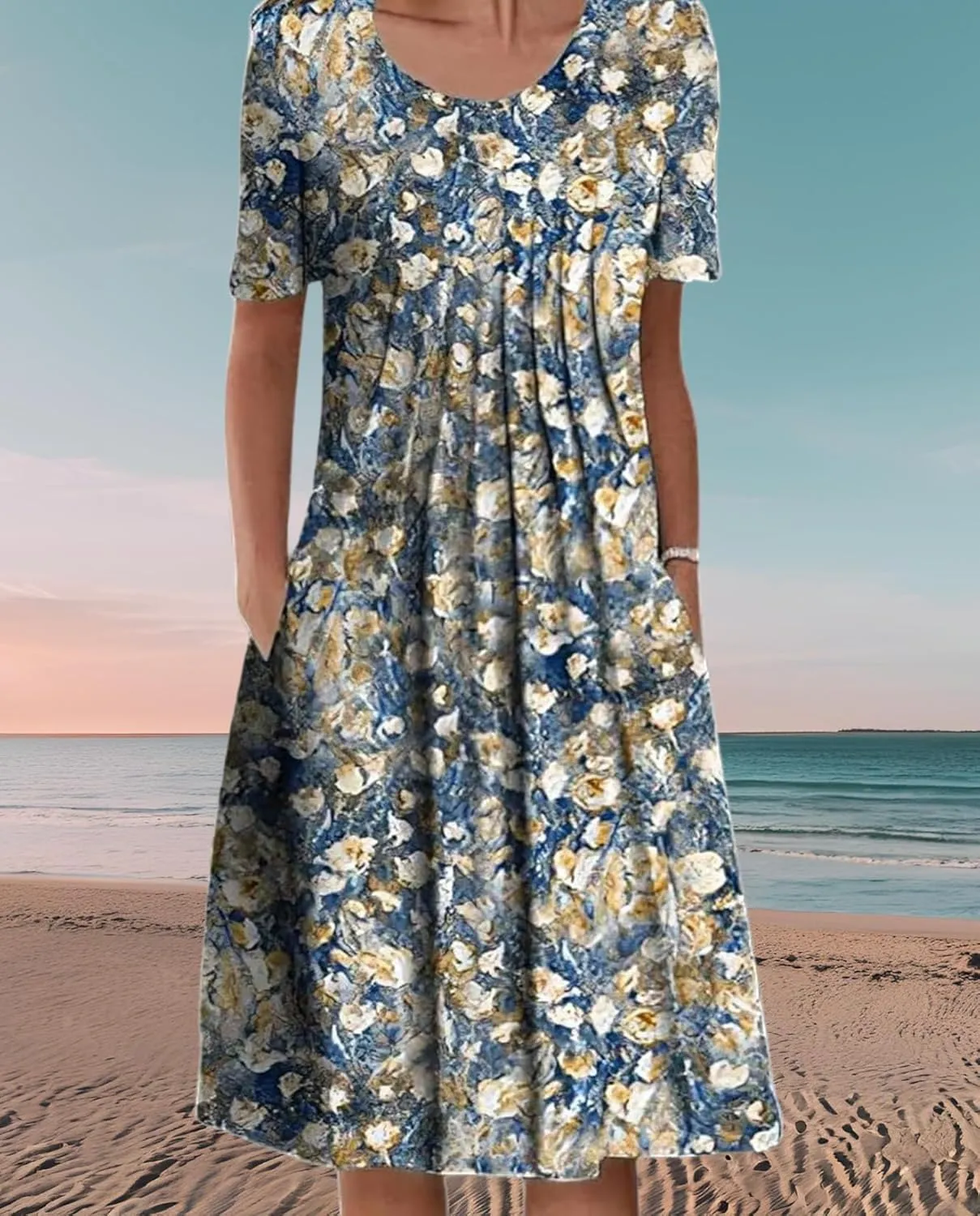 Women's Floral Print Short Sleeve Round Neck Midi Sundress with Pockets Casual A-Line Spring Summer Dress