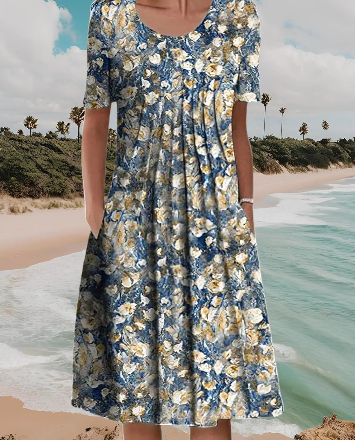 Women's Floral Print Short Sleeve Round Neck Midi Sundress with Pockets Casual A-Line Spring Summer Dress