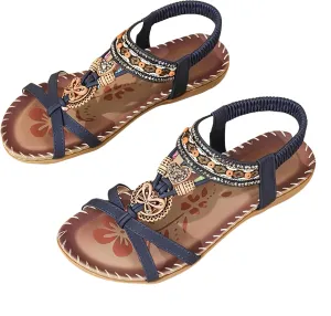 Women's Open Toe Elastic Ankle Strap Flat Summer Sandals Dressy Comfortable Bohemian Beaded Jeweled Flats Slip On Slingback Strappy Walking Beach Gladiator Shoes