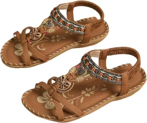 Women's Open Toe Elastic Ankle Strap Flat Summer Sandals Dressy Comfortable Bohemian Beaded Jeweled Flats Slip On Slingback Strappy Walking Beach Gladiator Shoes