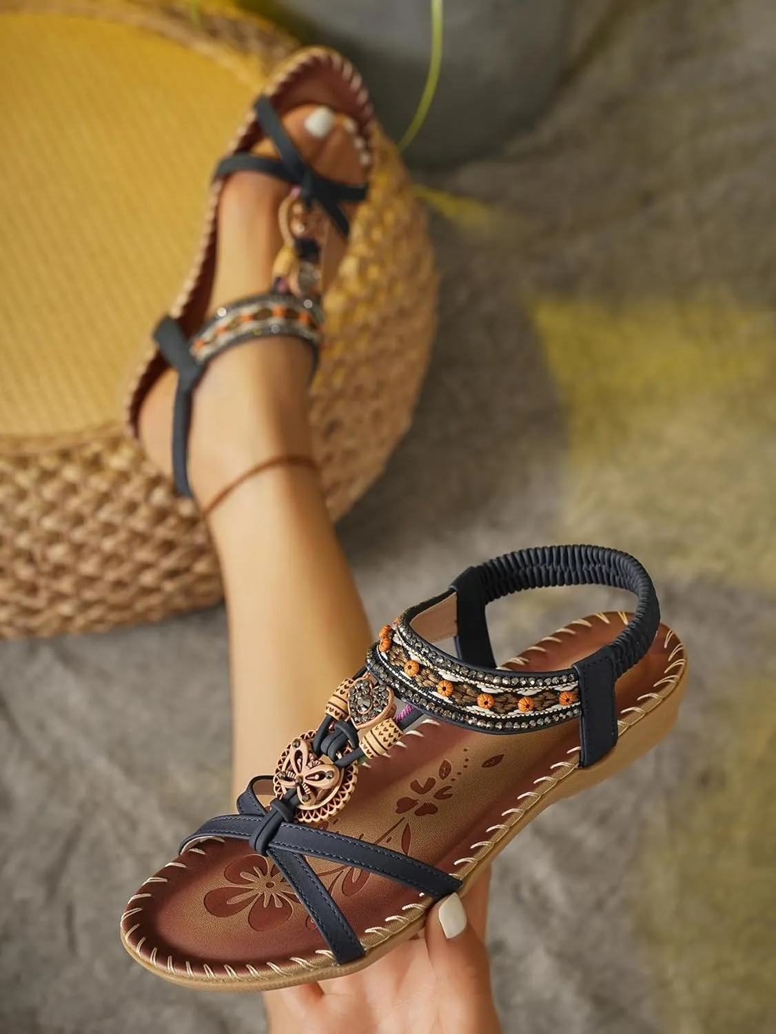 Women's Open Toe Elastic Ankle Strap Flat Summer Sandals Dressy Comfortable Bohemian Beaded Jeweled Flats Slip On Slingback Strappy Walking Beach Gladiator Shoes