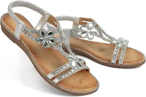 Womens Sandals Shoes Comfort Non Slip Walking Casual Summer Beach Shoes Dress Ankle Elastic Flower Jeweled Bohemian Flats