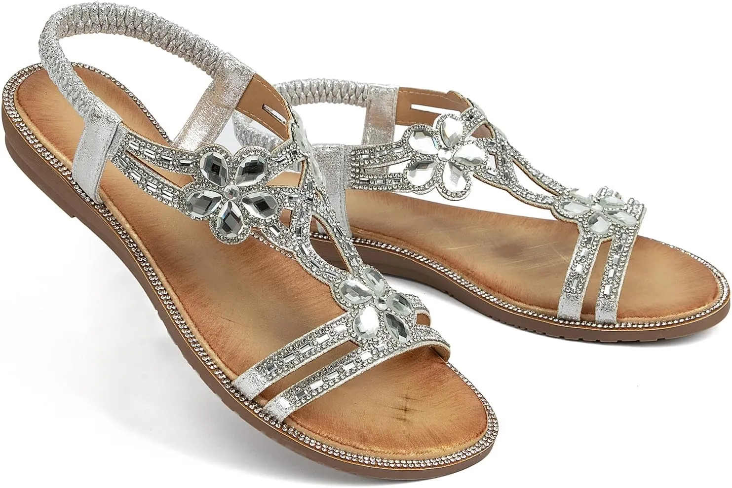 Womens Sandals Shoes Comfort Non Slip Walking Casual Summer Beach Shoes Dress Ankle Elastic Flower Jeweled Bohemian Flats